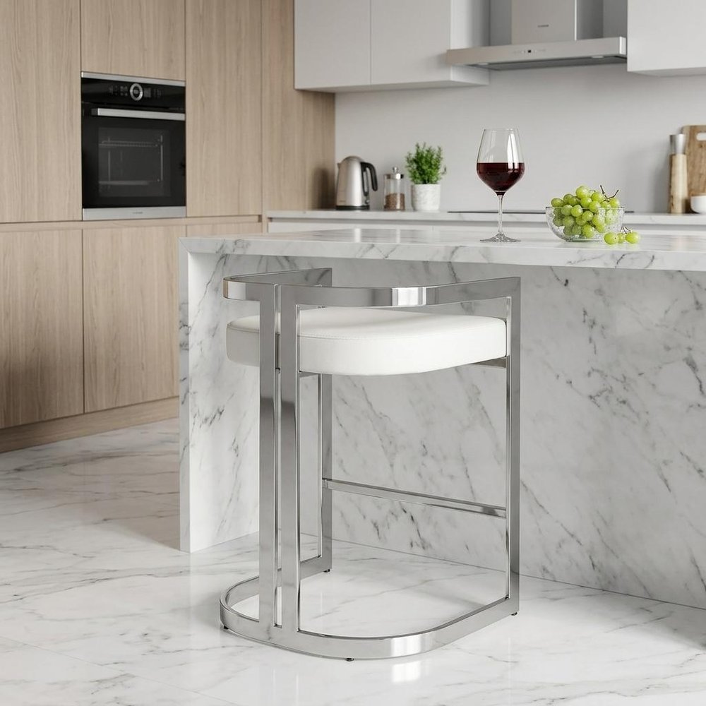28" White and Silver Stainless Steel and Iron Low Back Counter Height Bar Chair