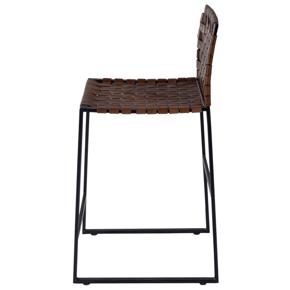 36" Brown and Black Leather and Iron Bar Chair