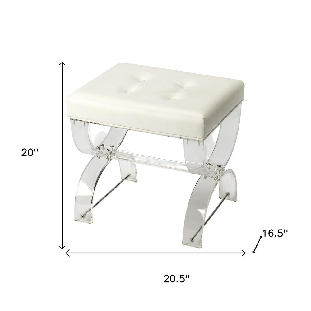 21" White and Clear Faux Leather Tufted Ottoman