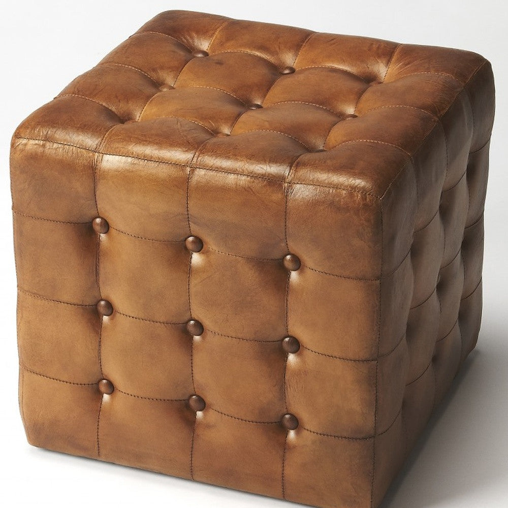 16" Brown Faux Leather Cube Ottoman