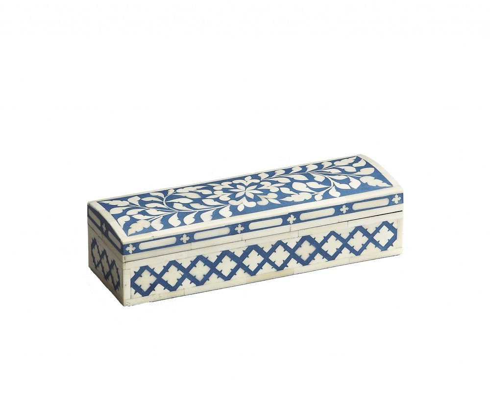 12" Blue And White Bone Inlay Box With Lid