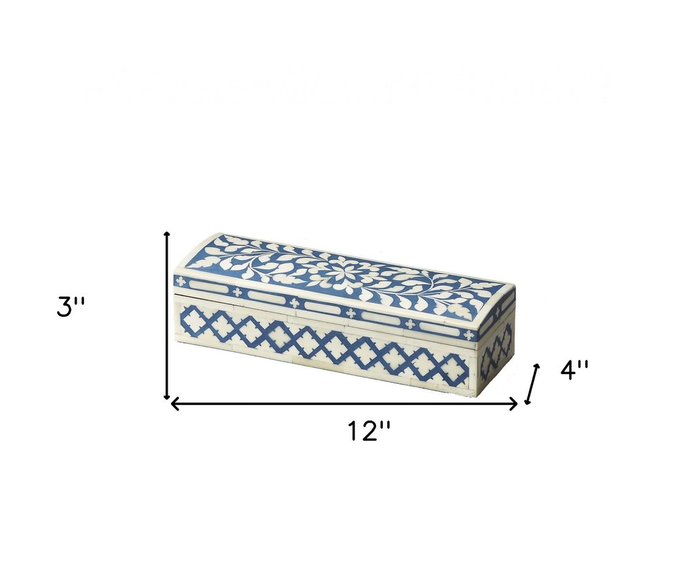 12" Blue And White Bone Inlay Box With Lid