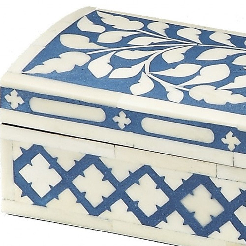 12" Blue And White Bone Inlay Box With Lid