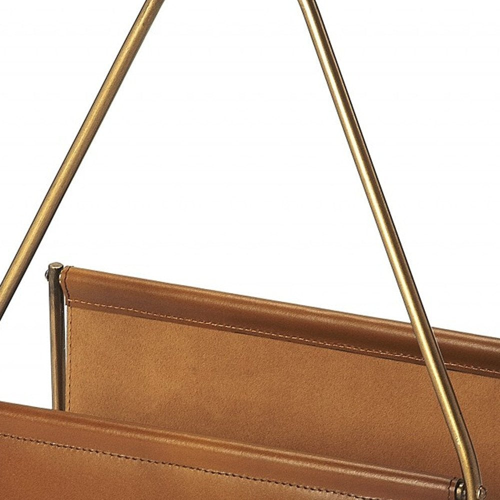 14" Brown And Gold Leather And Metal Magazine Holder