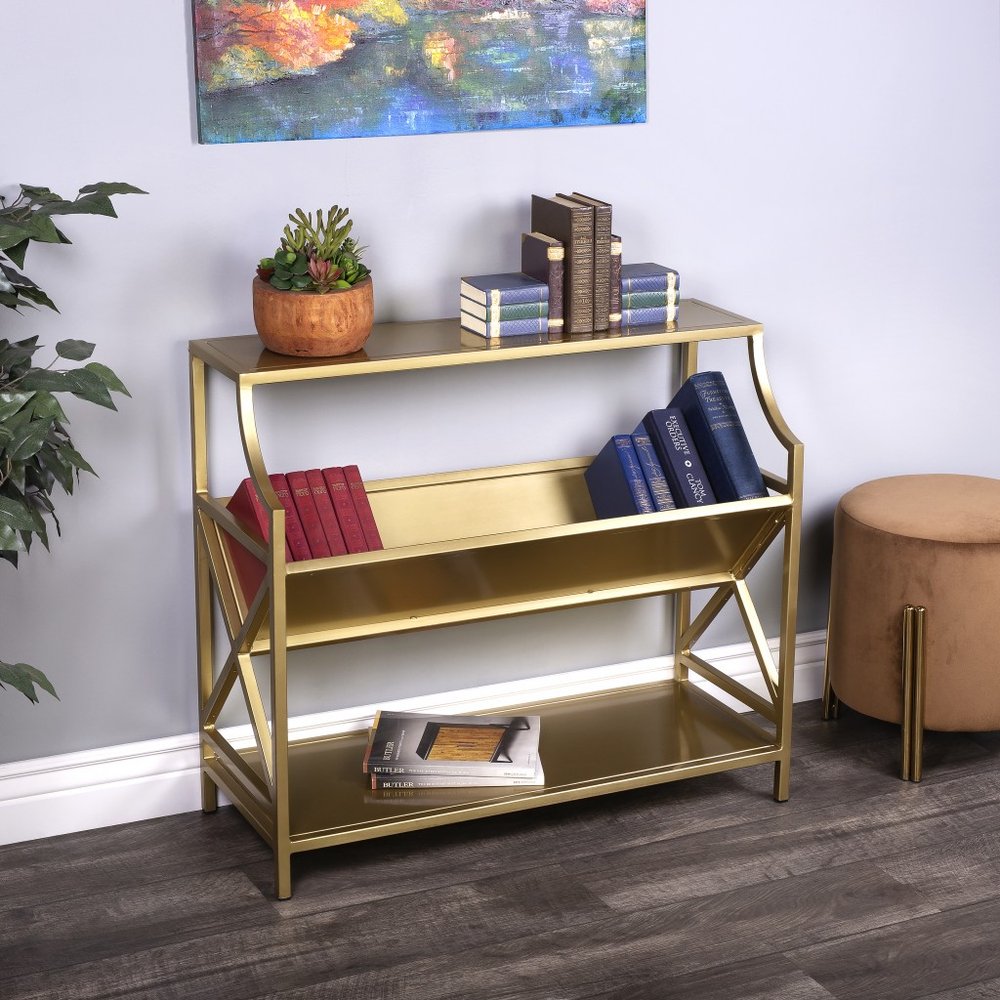 32" Gold Iron and Metal Two Tier Bookcase