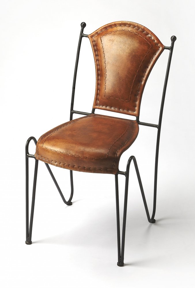 18" Brown and Black Genuine Leather and Iron Side Chair