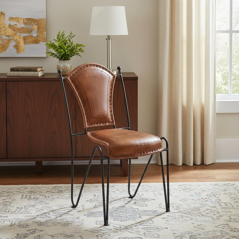 18" Brown and Black Genuine Leather and Iron Side Chair