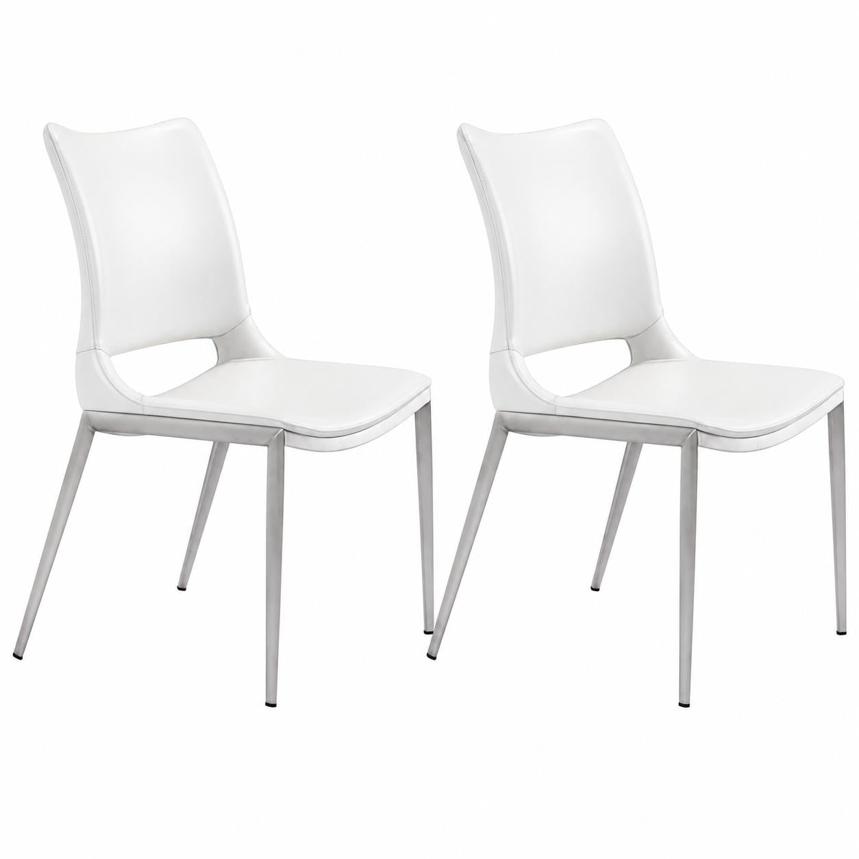 Set of Two White And Silver Upholstered Faux Leather Dining Side Chairs