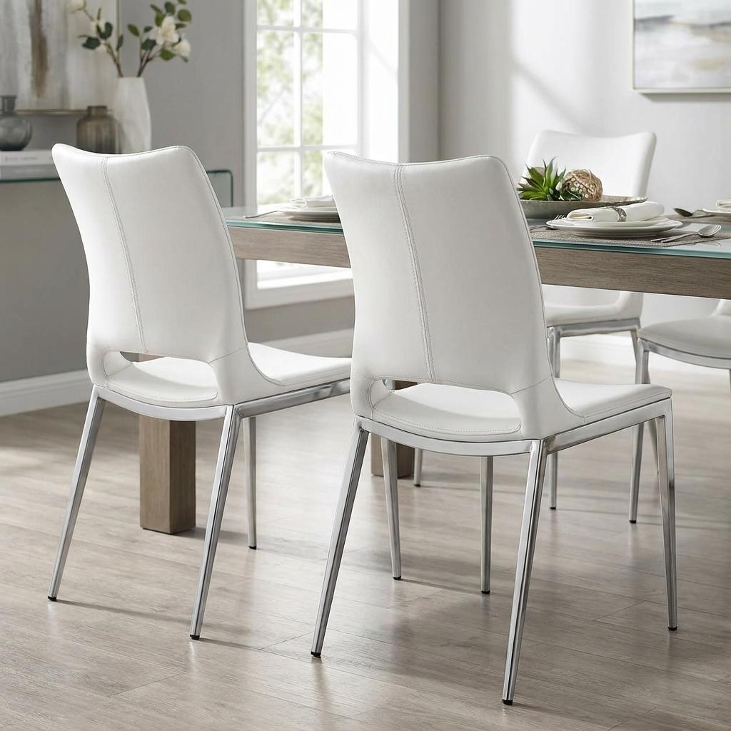 Set of Two White And Silver Upholstered Faux Leather Dining Side Chairs