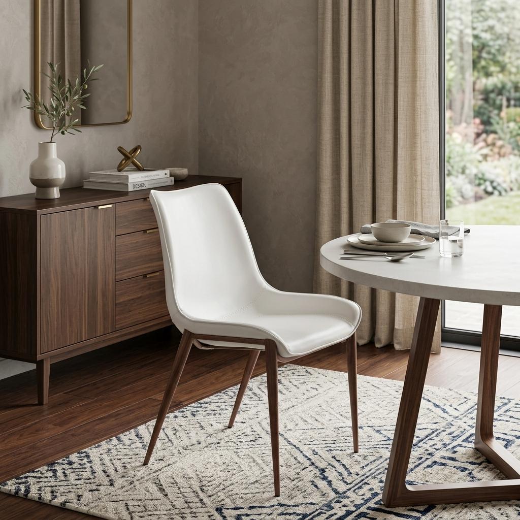 Set of Two White and Brown Upholstered Faux Leather Dining Side Chairs