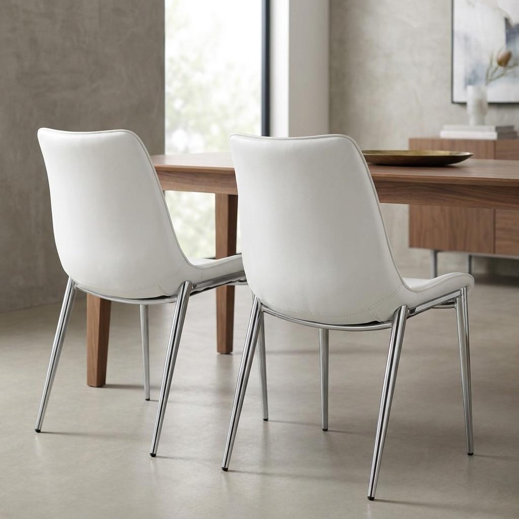 Set of Two White And Silver Upholstered Faux Leather Open Back Dining Side Chairs