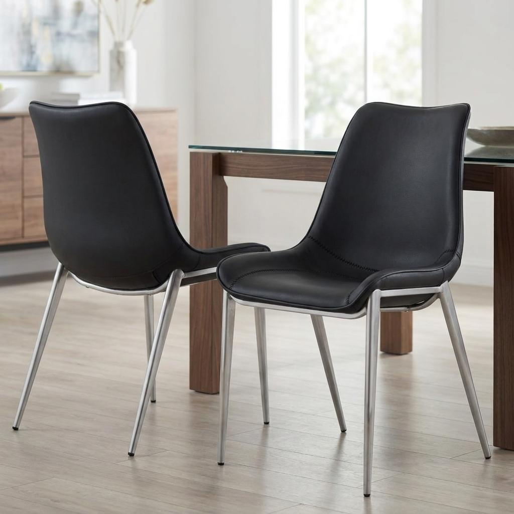 Set of Two Black and Silver Upholstered Faux Leather Dining Side Chairs