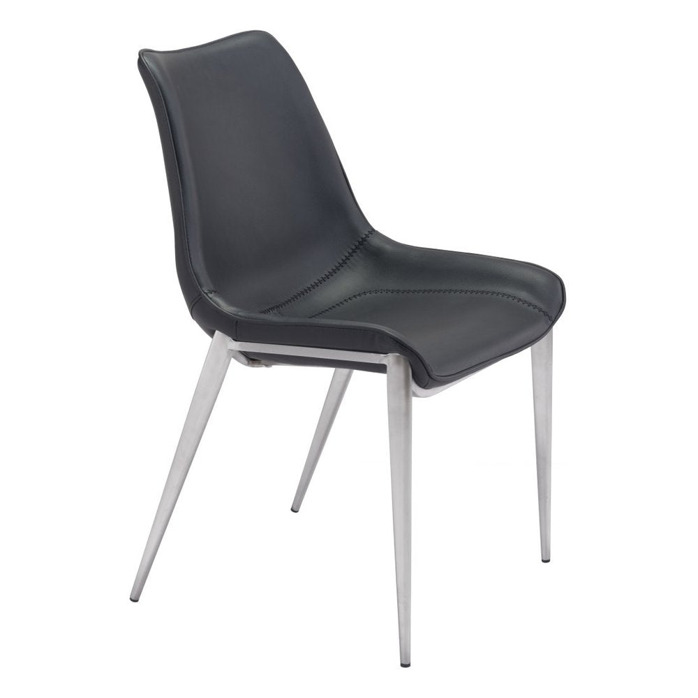 Set of Two Black and Silver Upholstered Faux Leather Dining Side Chairs