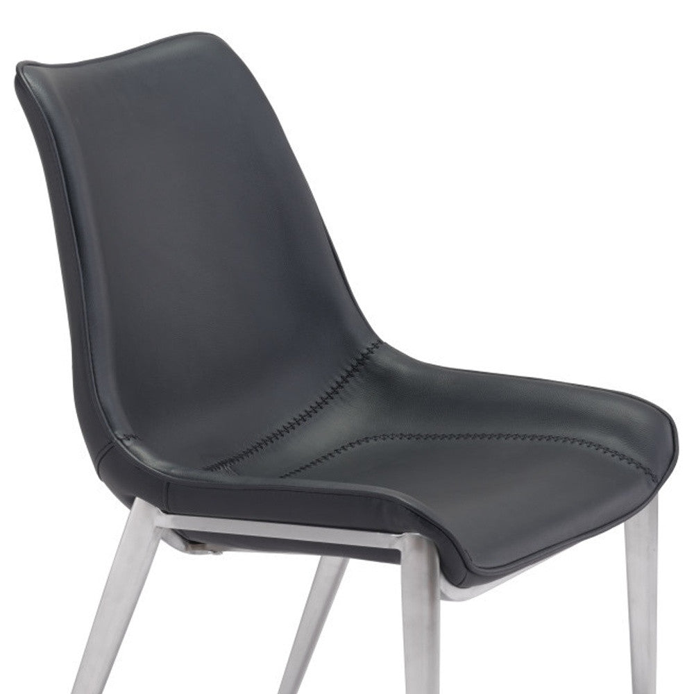 Set of Two Black and Silver Upholstered Faux Leather Dining Side Chairs