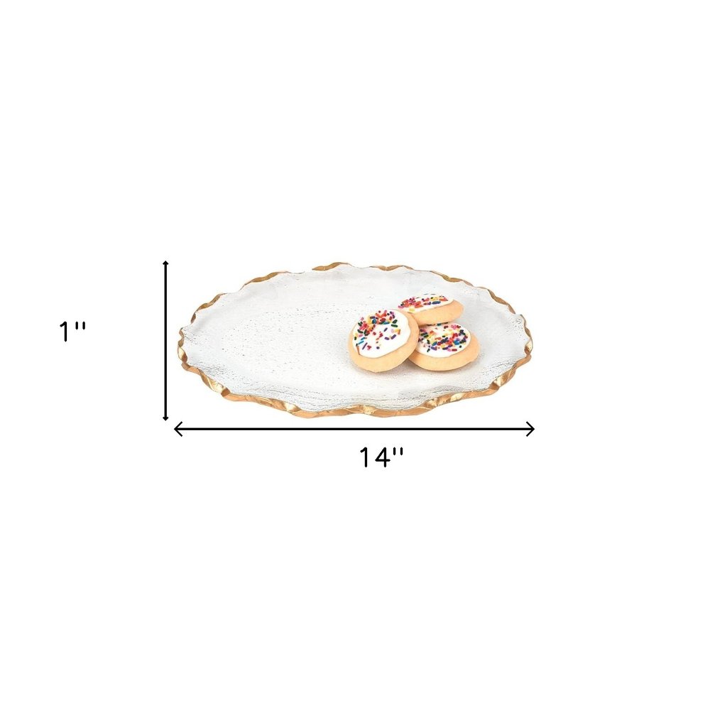 14" Clear Bubble Glass Scalloped Gold Rim Oval Platter