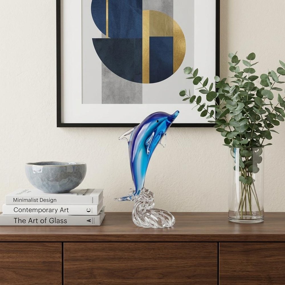 10" Blue Murano Glass Dolphin Figurine Tabletop Sculpture