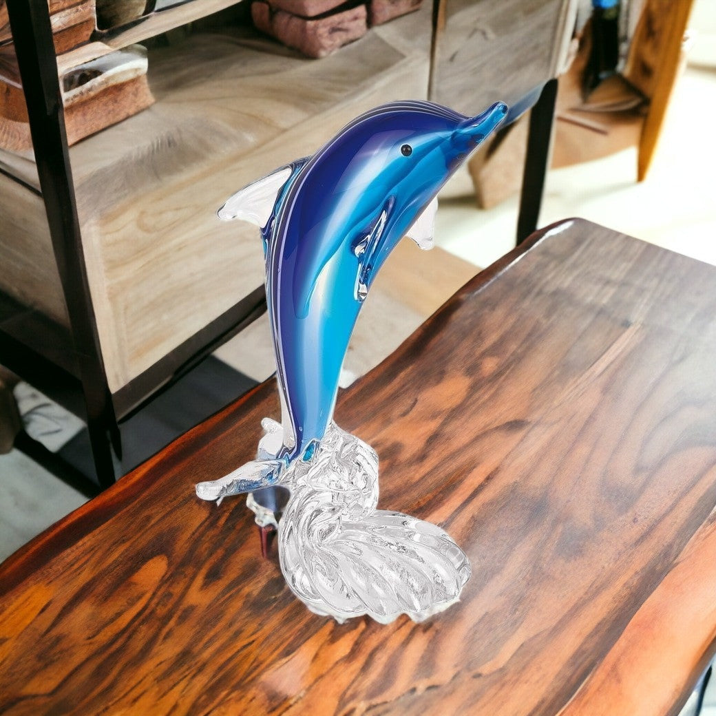10" Blue Murano Glass Dolphin Figurine Tabletop Sculpture
