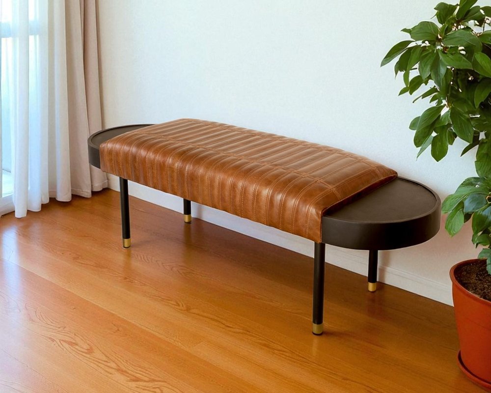 Warm Brown Leather And Solid Wood Bench