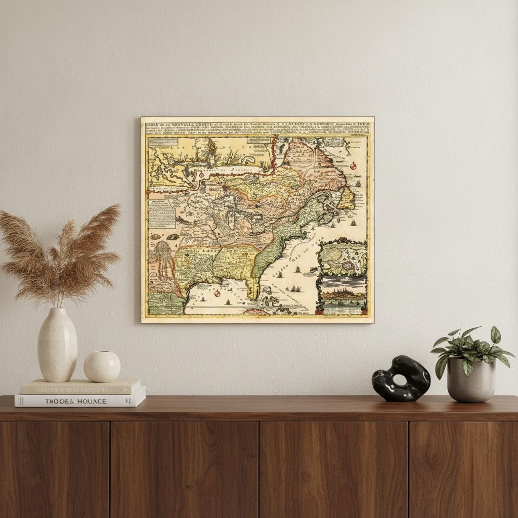 Vintage 1718 Map Of New France Unframed Print Wall Art