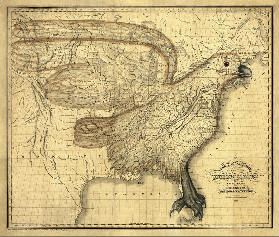 24" X 30" Eagle Map Of America C1833 Vintage Poster Wall Art