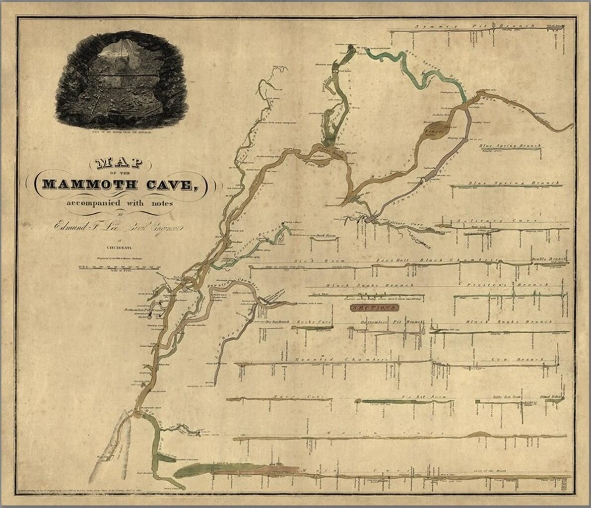 16" X 20" Map Of Kentucky Mammoth Cave Vintage Poster Wall Art