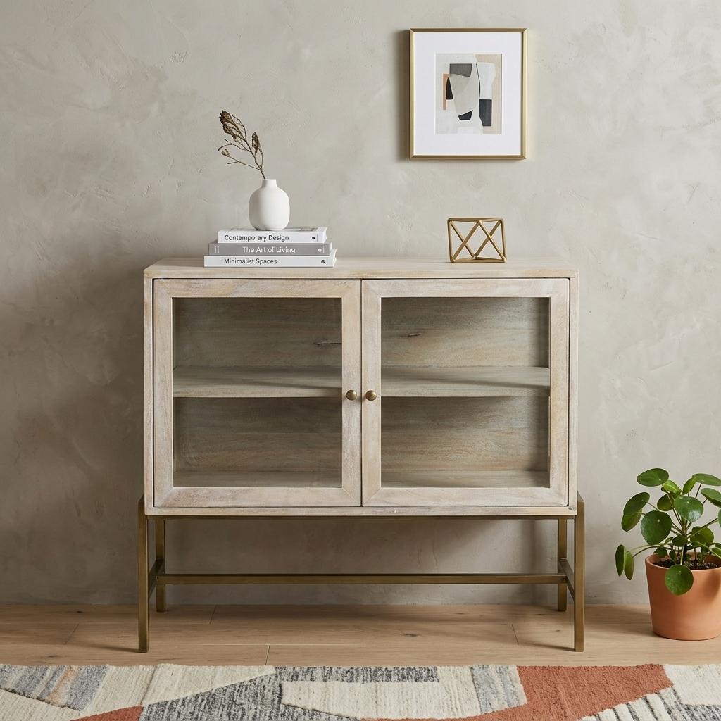 38" White Solid Wood Sideboard with Two Glass Doors
