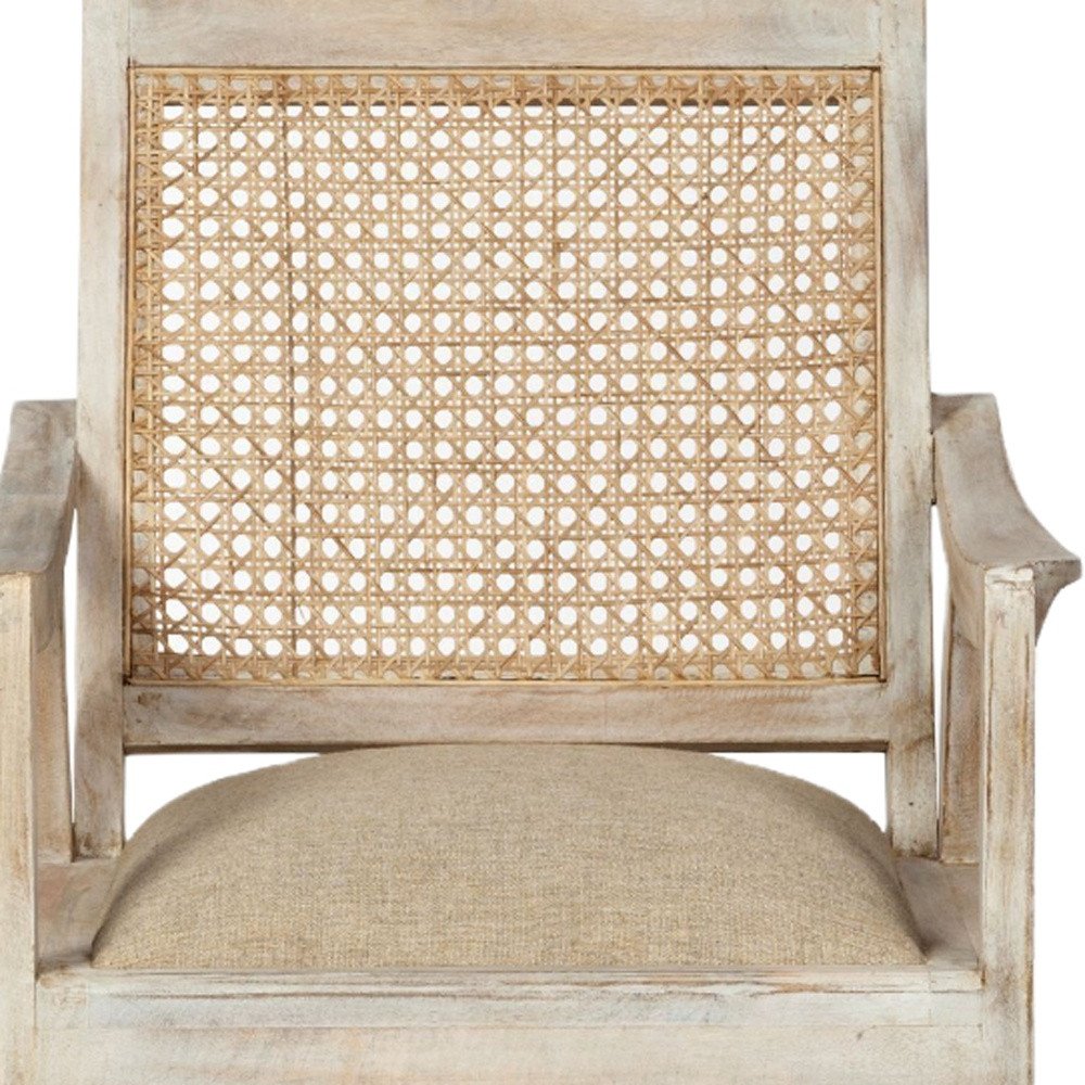 28" Cream and Natural Fabric Distressed Arm Chair