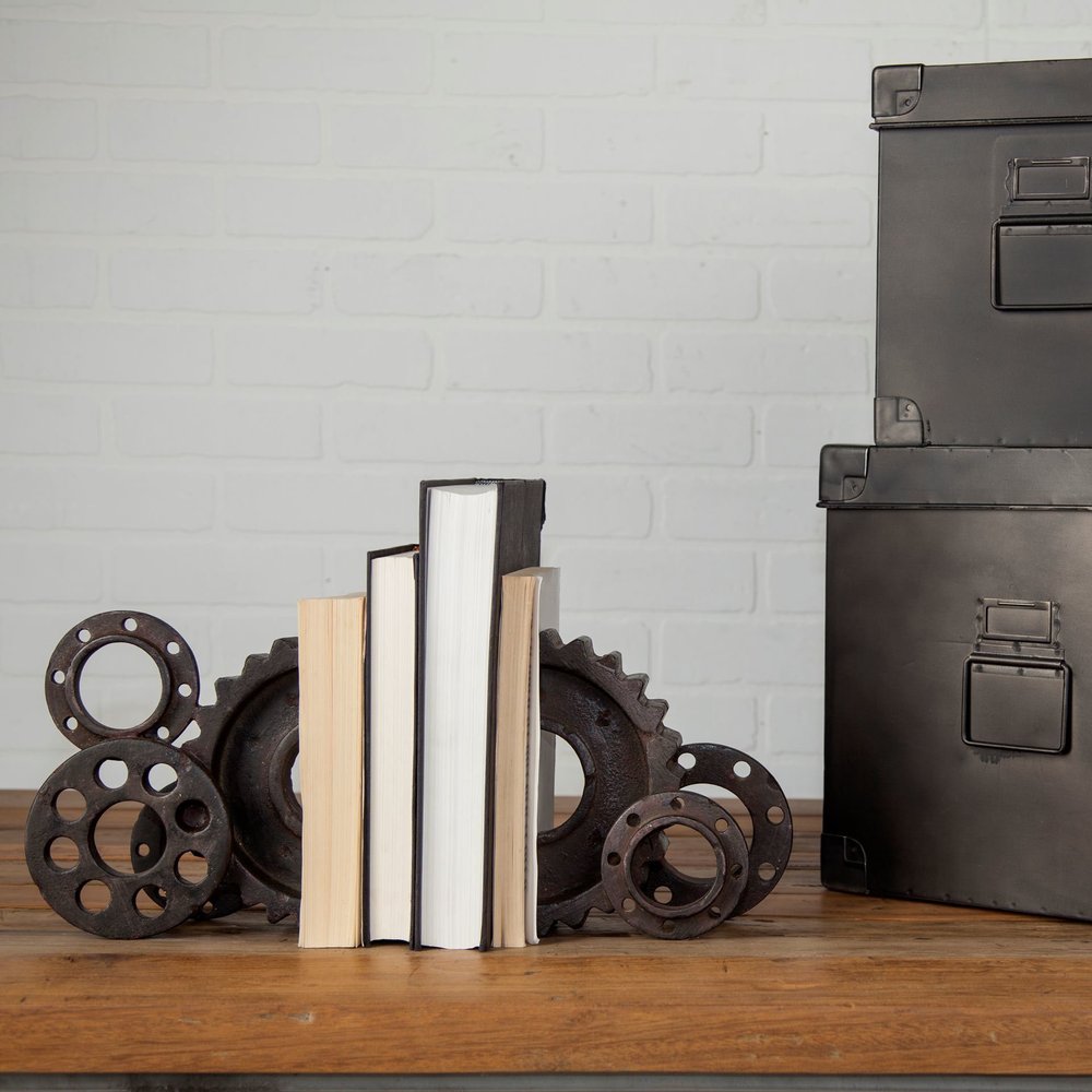 Set of Two Matte Black Industrial Cog Bookends