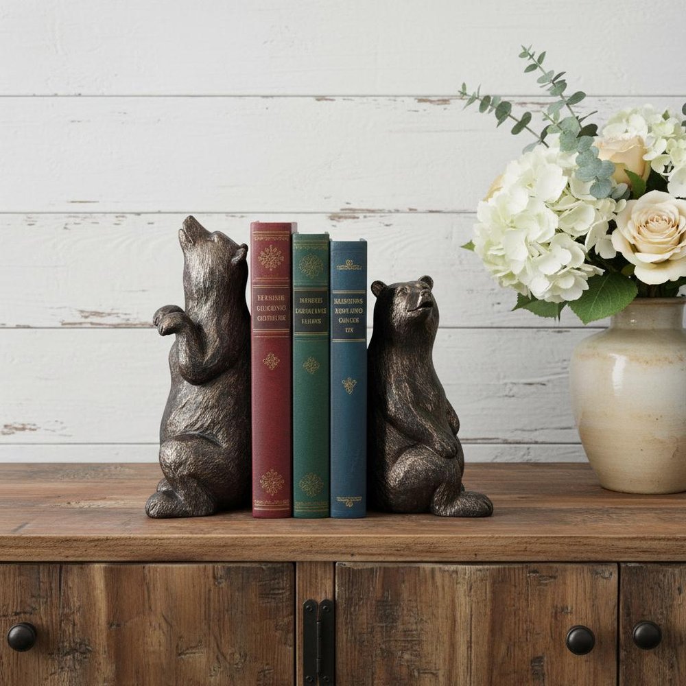 Set of Two Gray Resin Bear Decorative Bookends