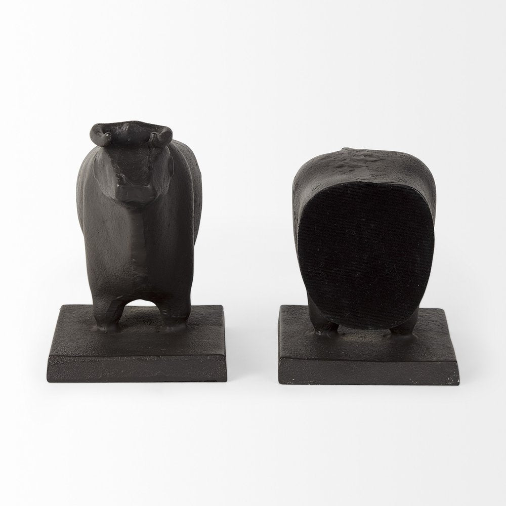 Set of Two 7" Black Fabric Bull Decorative Bookends
