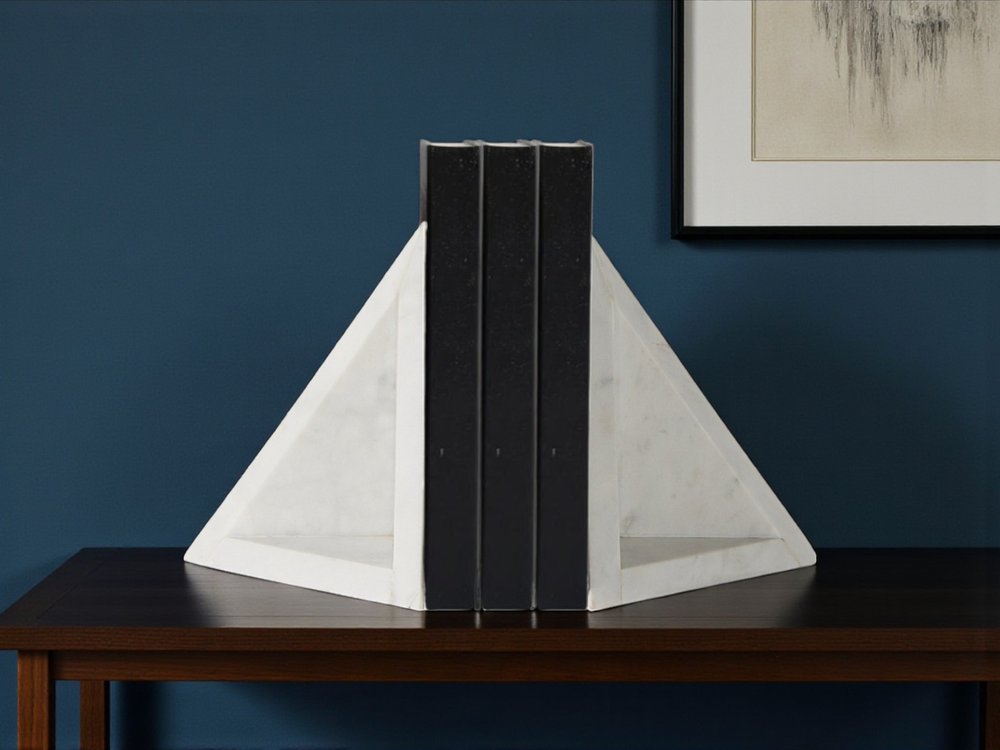 Set of Two White Marble Triangle Decorative Bookends