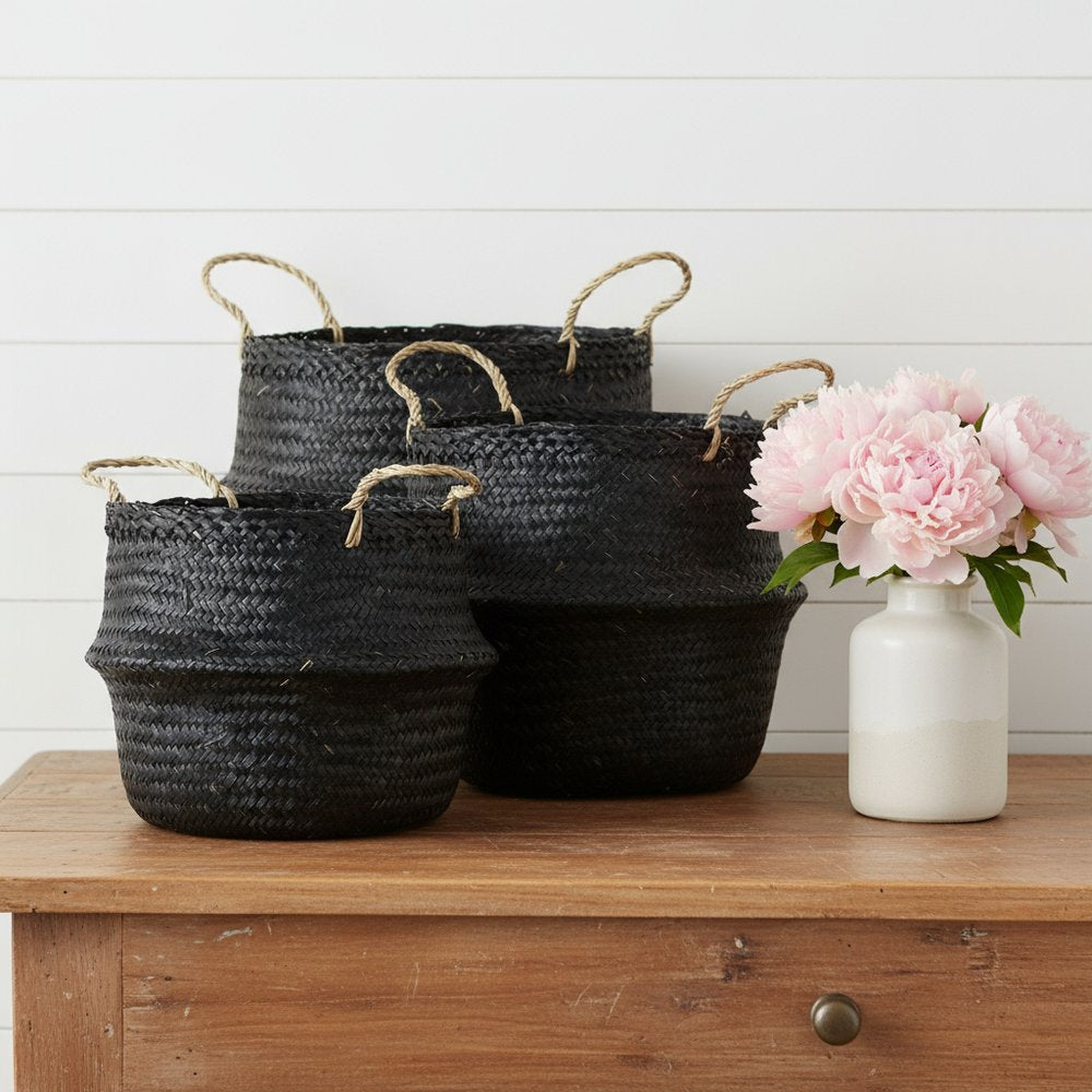 Set of Three Black Wicker Basket
