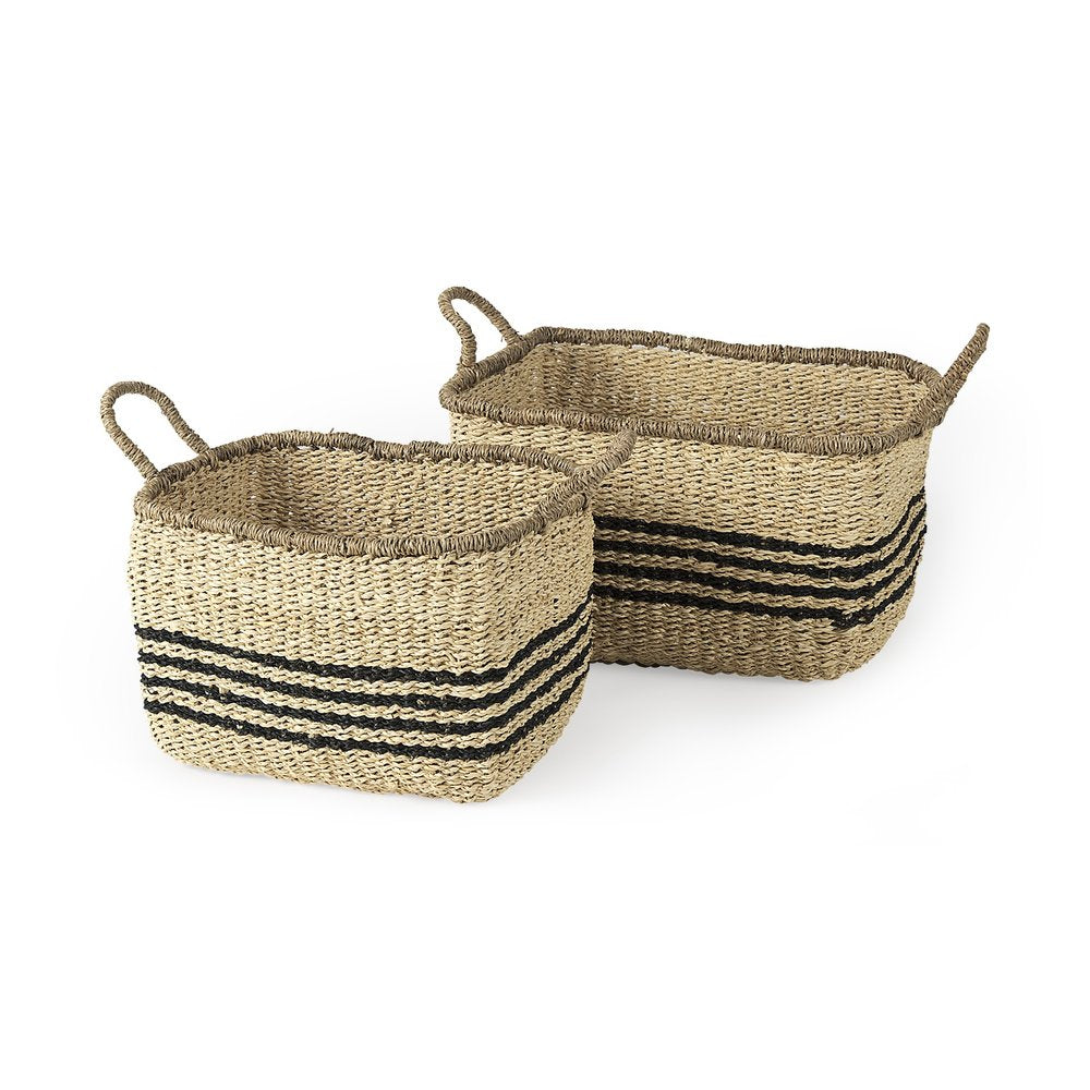 Set of Two Natural And Black Rattan Basket