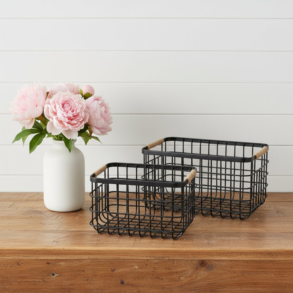 Set of Two Black Metal Basket