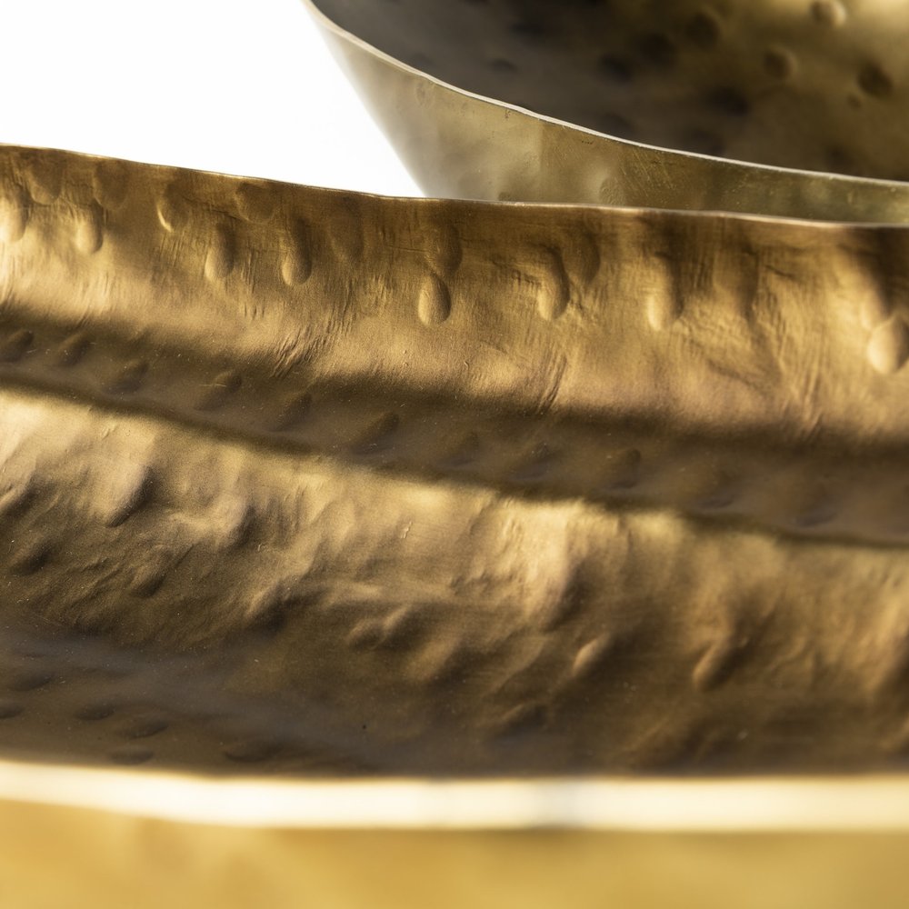 Set of Two Gold Hammered Metal Boat Shaped Decorative Bowls