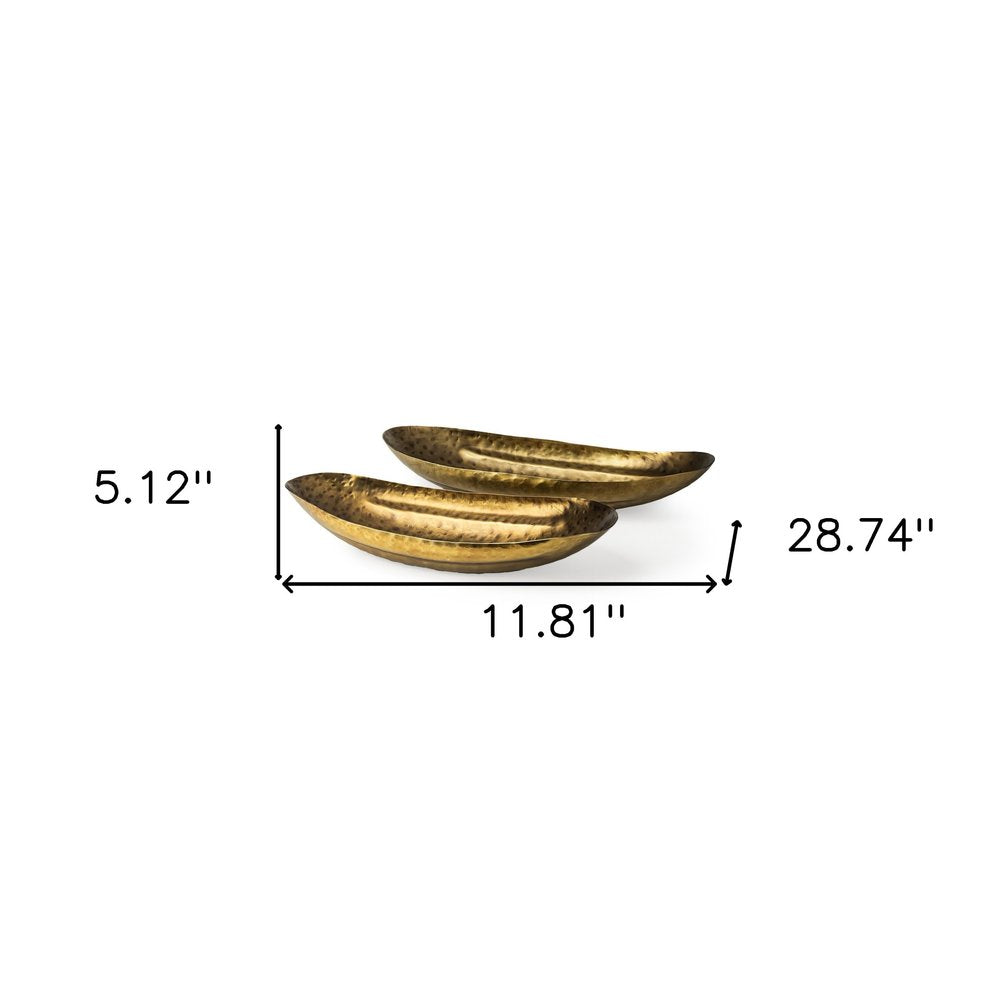 Set of Two Gold Hammered Metal Boat Shaped Decorative Bowls
