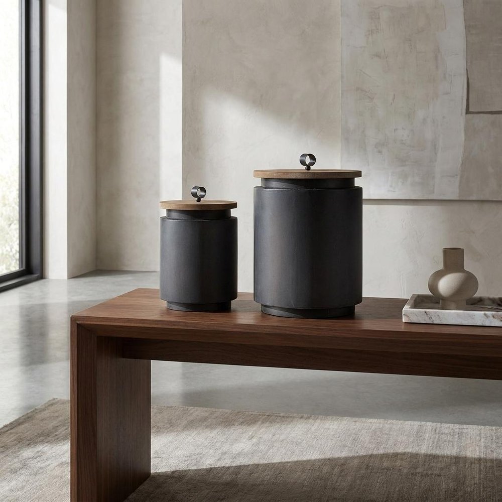 Set of Two Dark Gray Metal Decorative Canister