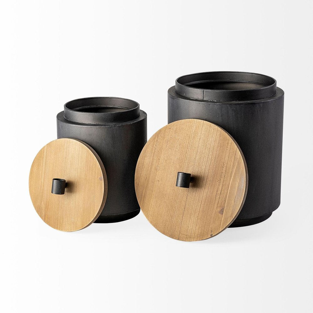 Set of Two Dark Gray Metal Decorative Canister