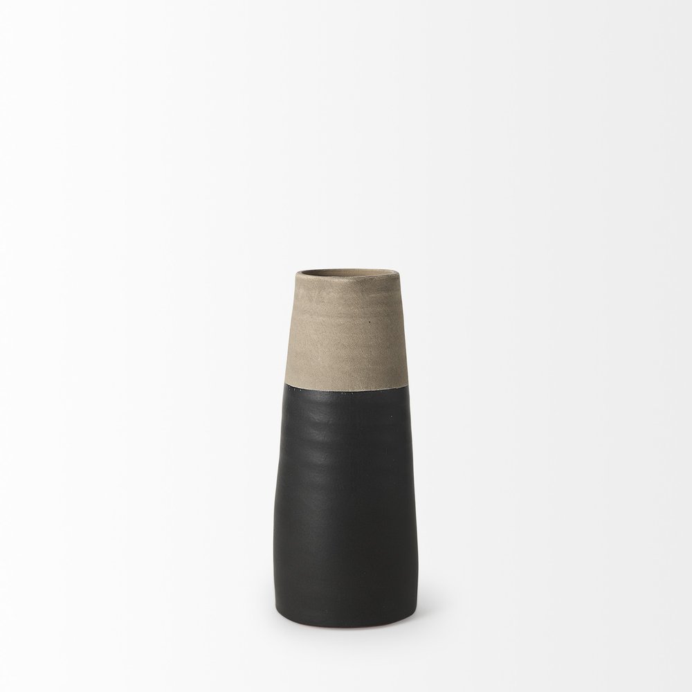 10" Black And Natural Color Block Cylinder Ceramic Jug Vase