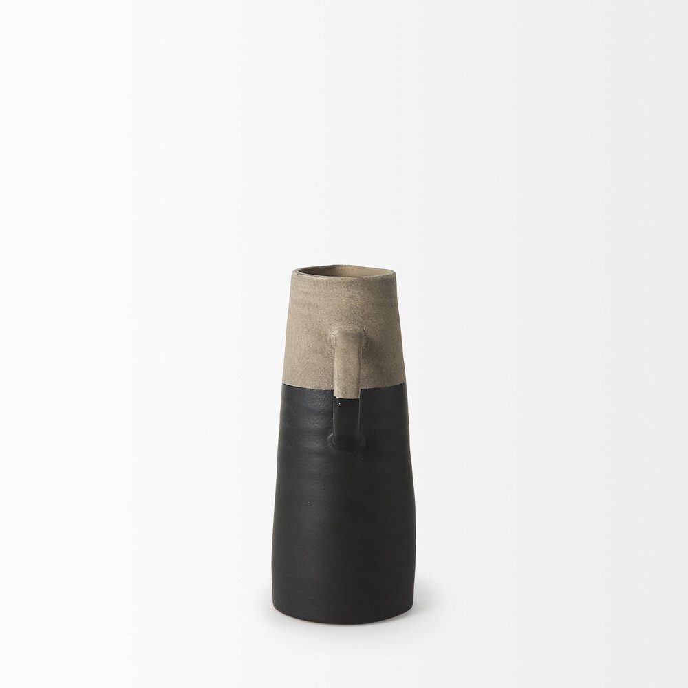 10" Black And Natural Color Block Cylinder Ceramic Jug Vase