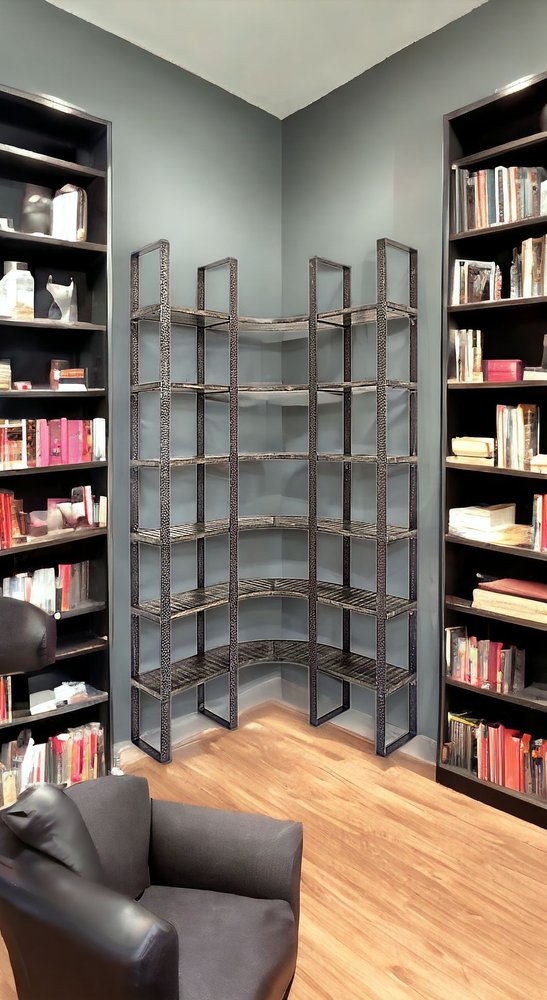 Brown Iron and Solid Wood Six Tier Bookcase