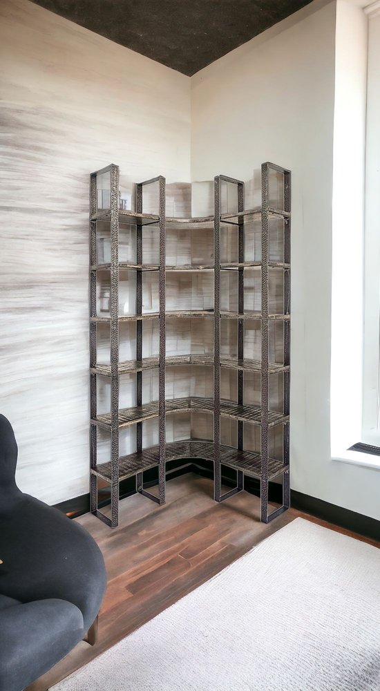 Brown Iron and Solid Wood Six Tier Bookcase