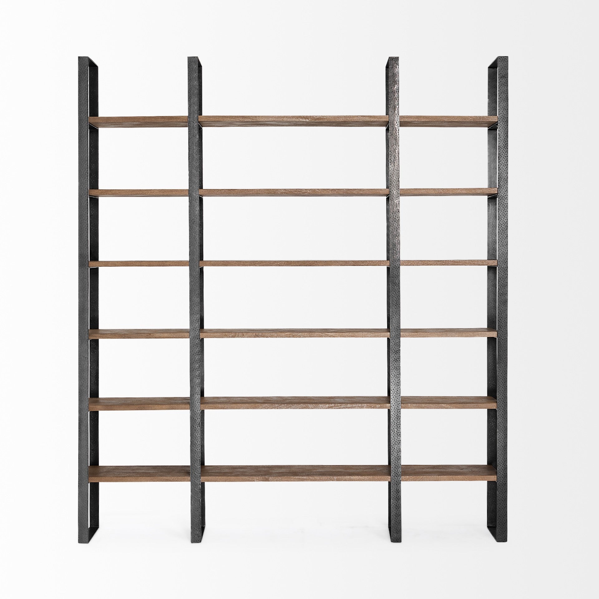 Brown Iron and Solid Wood Six Tier Bookcase