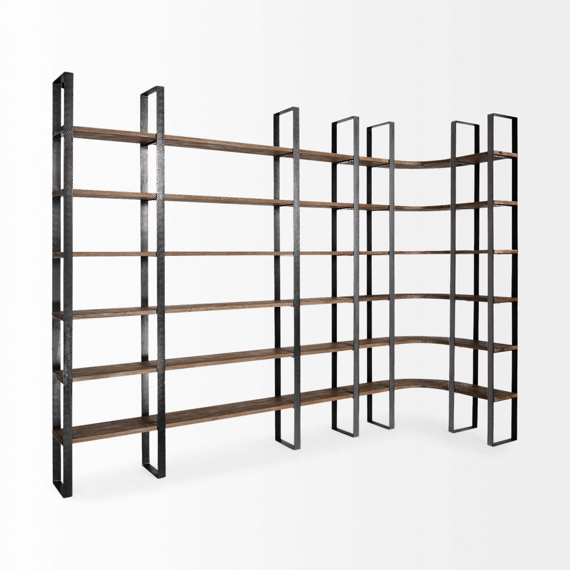 Brown Iron and Solid Wood Six Tier Bookcase