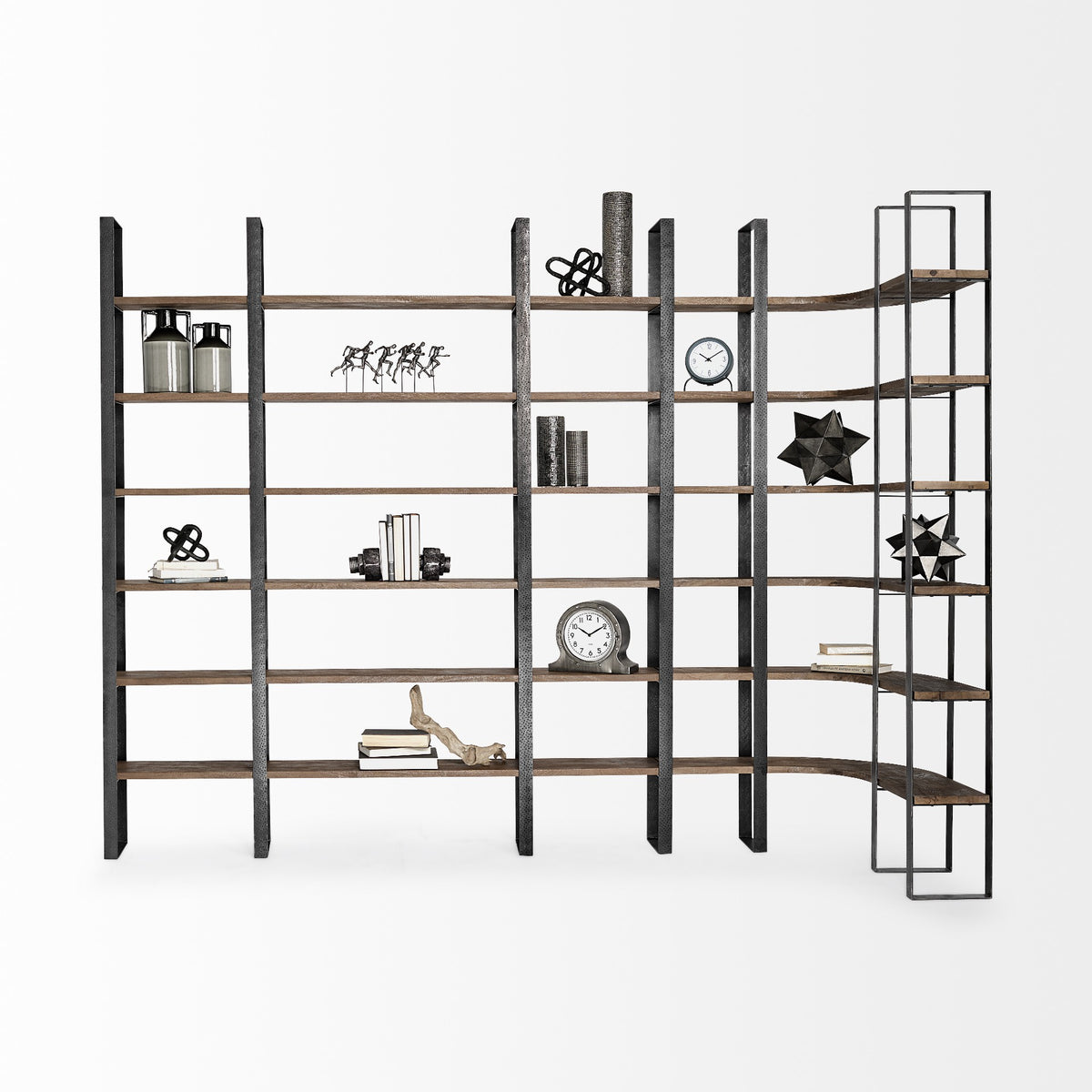 Brown Iron and Solid Wood Six Tier Bookcase