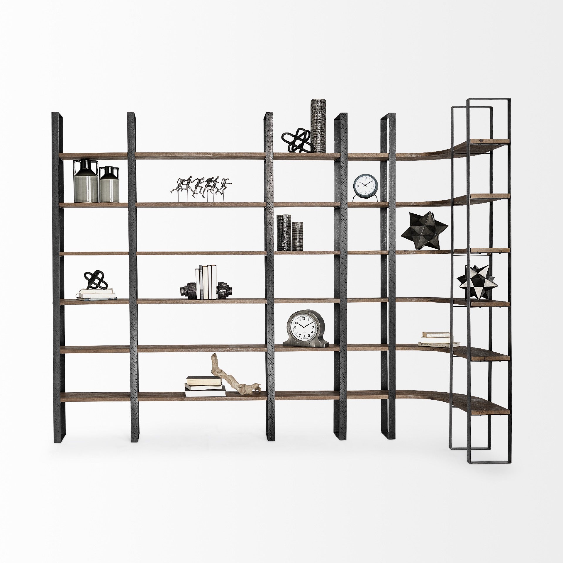 Brown Iron and Solid Wood Six Tier Bookcase