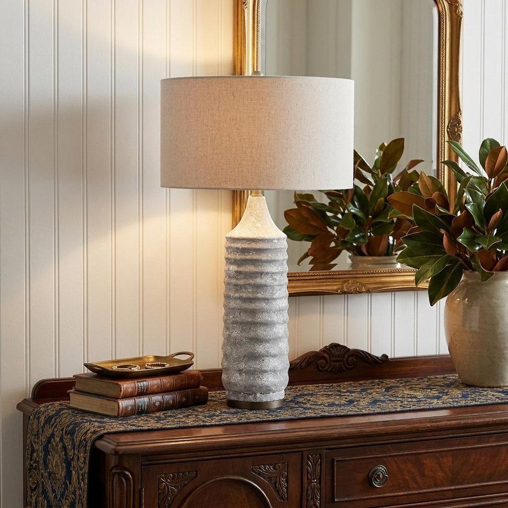 31" Gray Lamp Base LED With Beige Shade