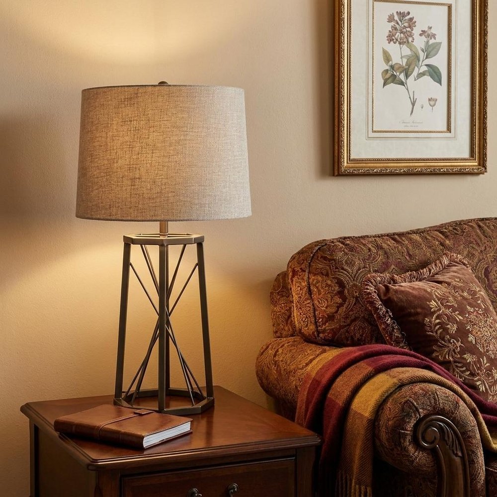 29" Bronze Lamp Base LED With Beige Shade