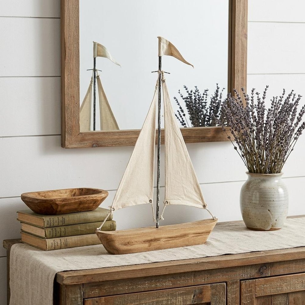 21" Brown And Natural Wood Metal And Fabric Sailboat Tabletop Sculpture