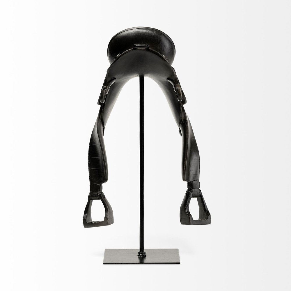 17" Black Metal And Resin English Horse Saddle Tabletop Sculpture